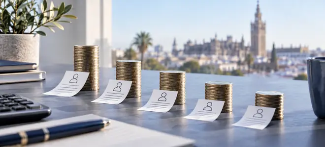 Varias pilas de monedas junto a pequeñas hojas de retenciones