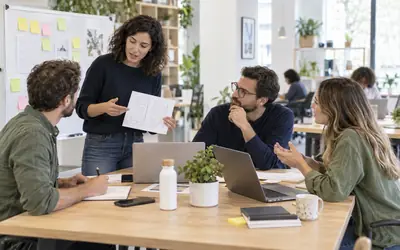 Cuatro emprendedores colaboran en un proyecto en una oficina de coworking