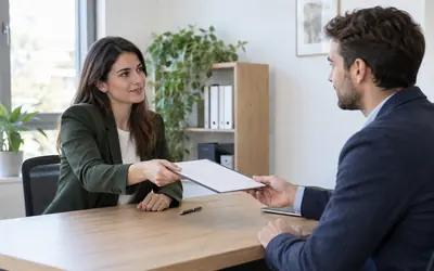 Dos personas conversan durante la entrega de un contrato en una oficina